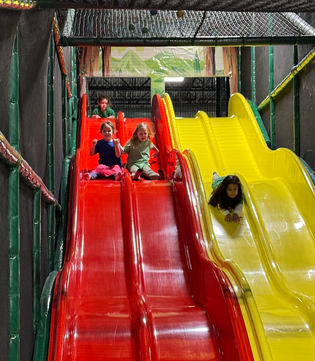 Two preschoolers going down a slide holding hands