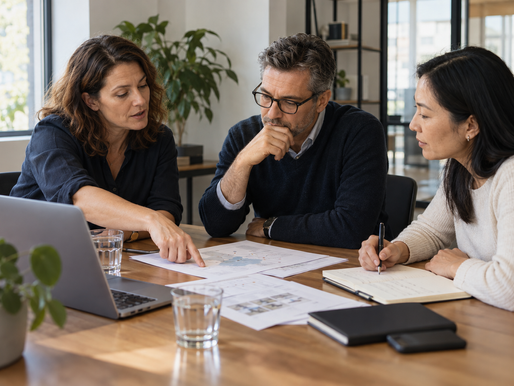 Three business professionals reviewing market expansion plans and taking notes in an office meeting.