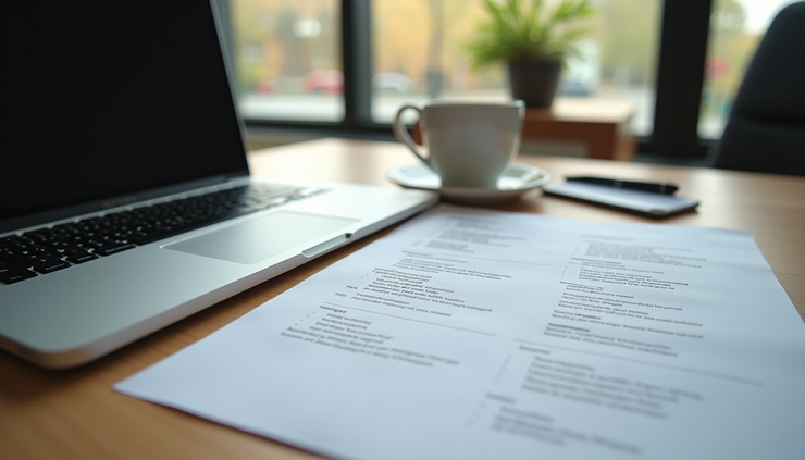 Eye-level view of a neatly organized workspace with a laptop and job application documents