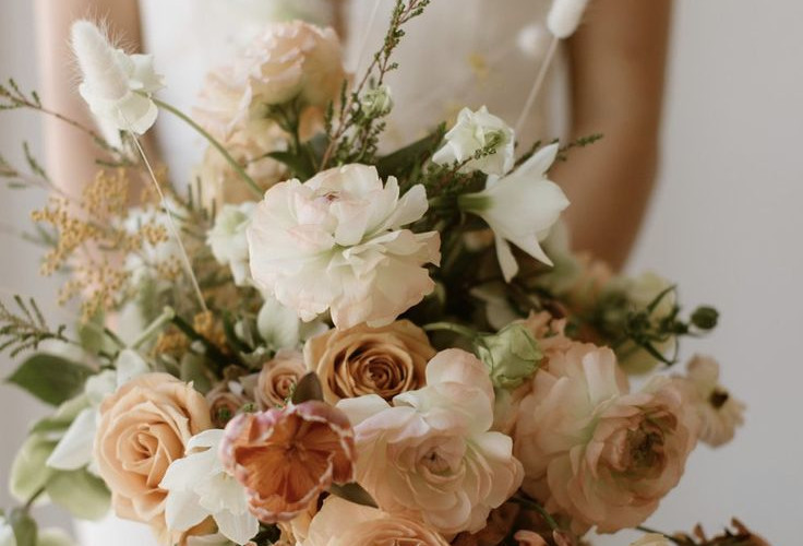 rust, blush and white bouquet with greenery