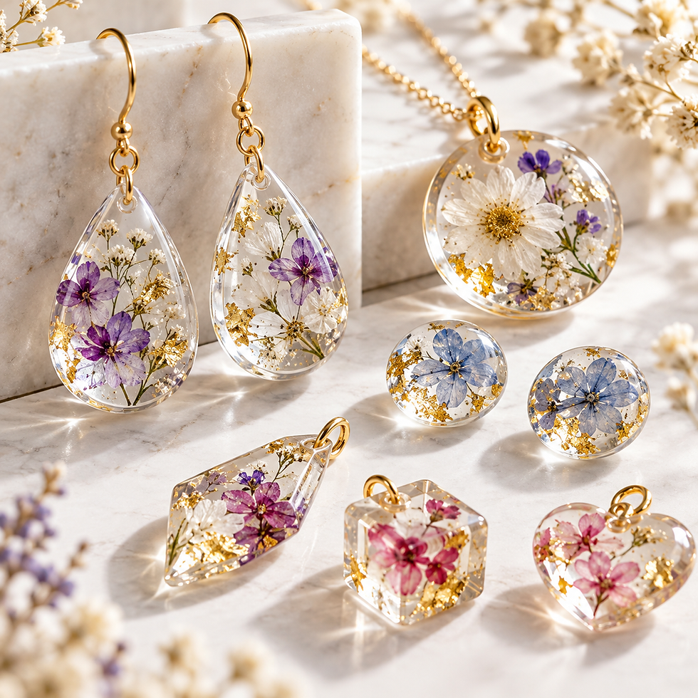 Kristallklarer UV-Harz-Schmuck mit Trockenblumen und Goldflocken – Anhänger, Ohrringe und Resin-Schmuck aus UV Resin Hard