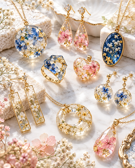 Handgefertigter Schmuck aus UV-Harz mit Trockenblumen, Goldflocken und transparenten Anhängern