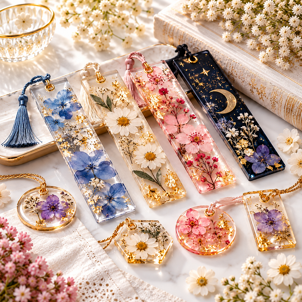 Miniaturbild: Handgefertigte Resin-Lesezeichen mit eingearbeiteten Trockenblumen, Goldflocken und glänzender Oberfläche