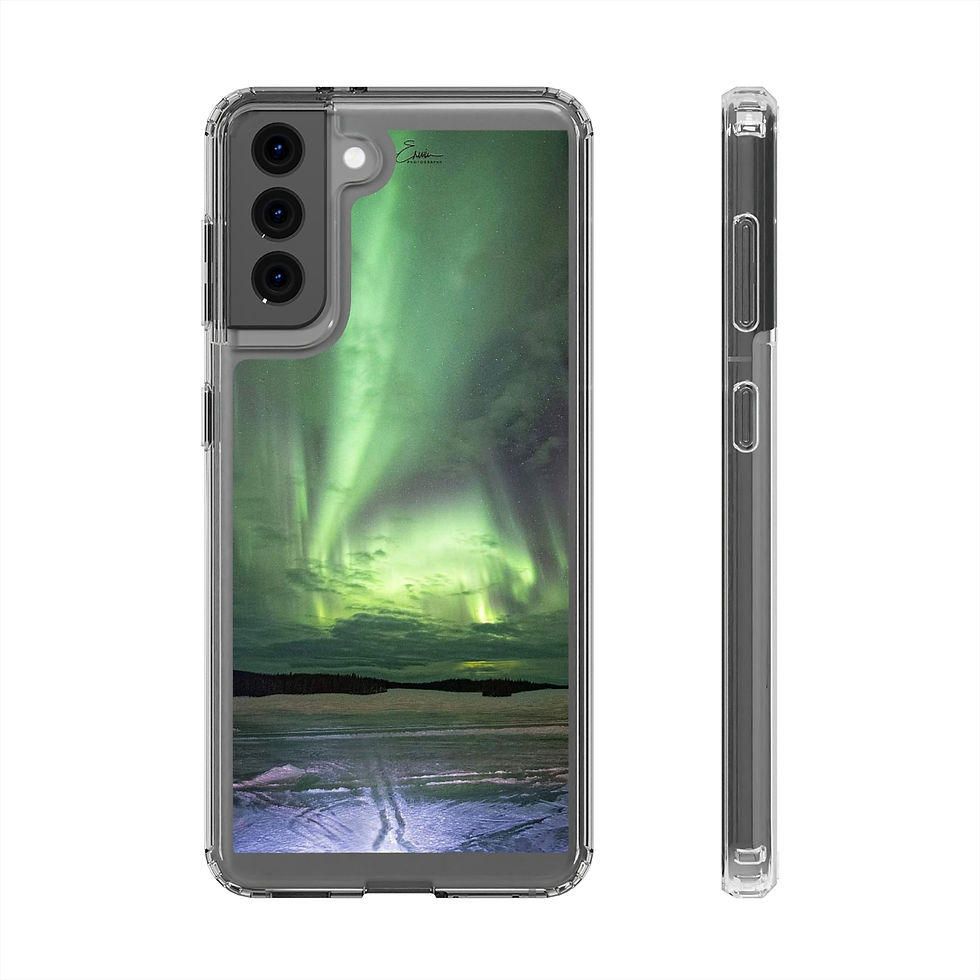 Miniature : Image description: Phone cases showcase a breathtaking winter scene over Pinehouse Lake in Saskatchewan. The image captures the frozen lake's tranquility under the vibrant display of the Northern Lights, creating a spectacular and motivational sight. The dancing hues of the Aurora Borealis against the snowy landscape convey a sense of wonder and inspiration