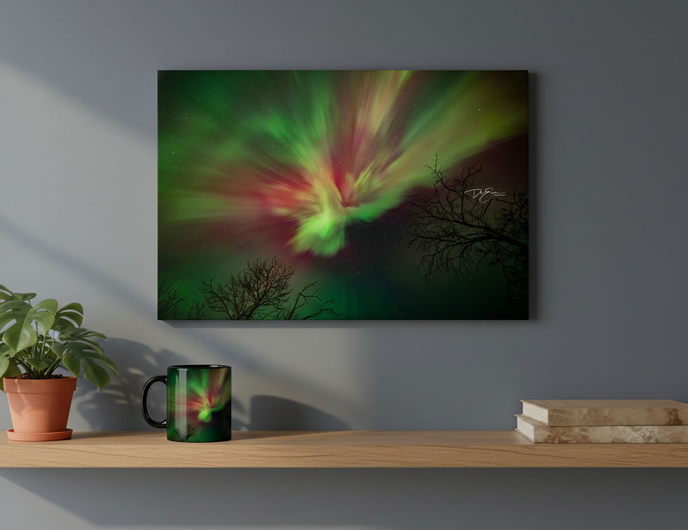 nterior home decor mockup showing a vibrant green and red Northern Lights corona art print displayed over a cozy fireplace