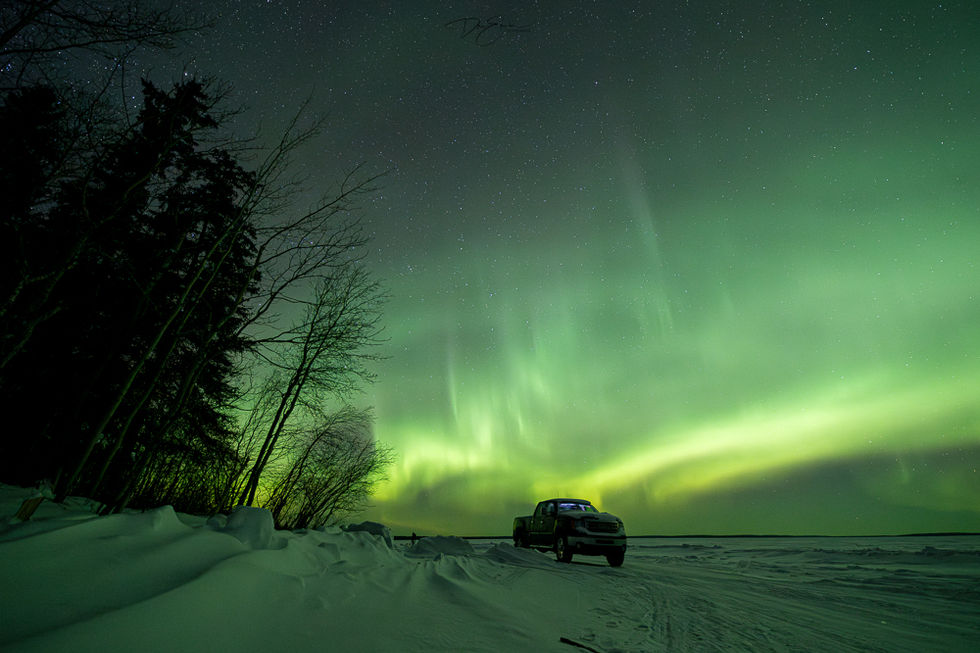 Regina's winter landscape adorned with swirling snow, illuminated by the radiant hues of the Northern Lights, capturing the arctic chill and the comforting warmth of the Aurora Borealis.