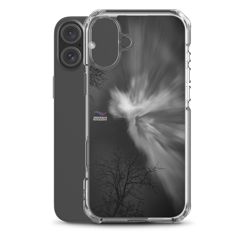 Clear phone case featuring a black and white photograph by Dre Erwin, capturing a powerful Saskatchewan aurora corona swirlin