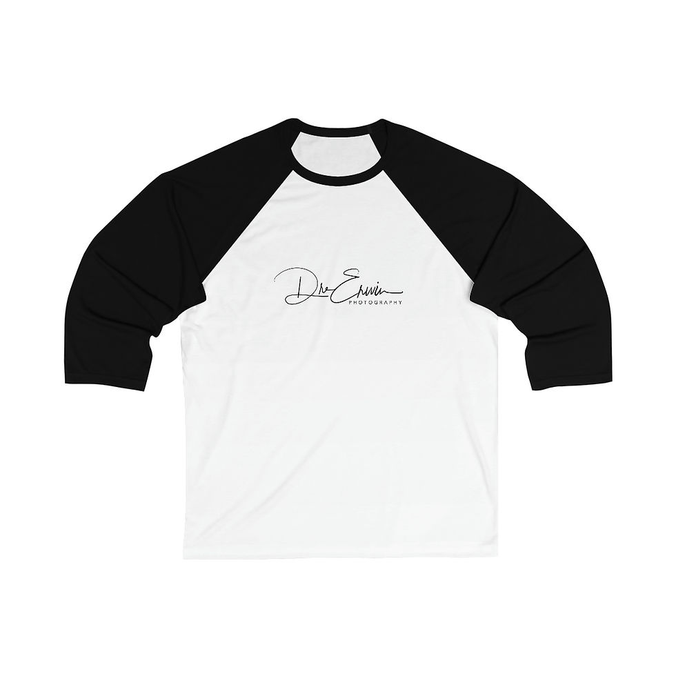 Thumbnail: Image description: A baseball-style t-shirt features Dre Erwin Photography's signature prominently placed at the center. Designed to inspire and promote mental health awareness, the shirt's signature stands out against the fabric, symbolizing strength and support through its association with Dre Erwin's work in uplifting photography