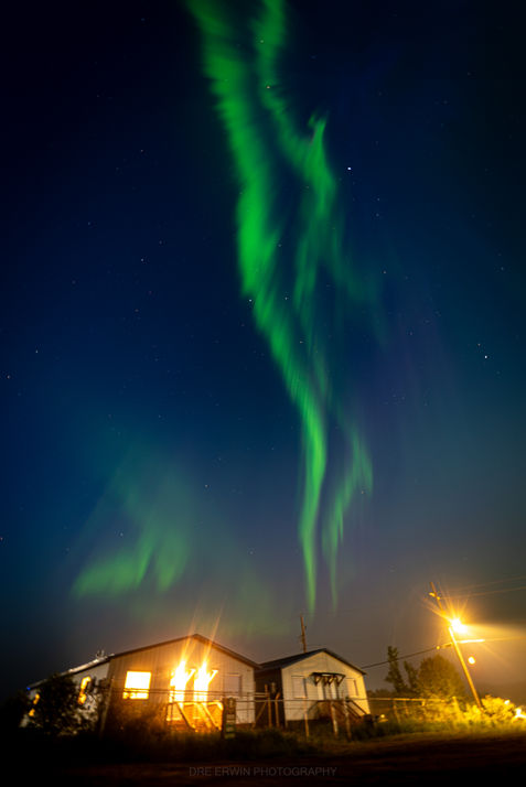 Vivid green northern lights stretching across the night sky over the boreal forest in Sandy Bay, captured by Dre Erwin Photography.