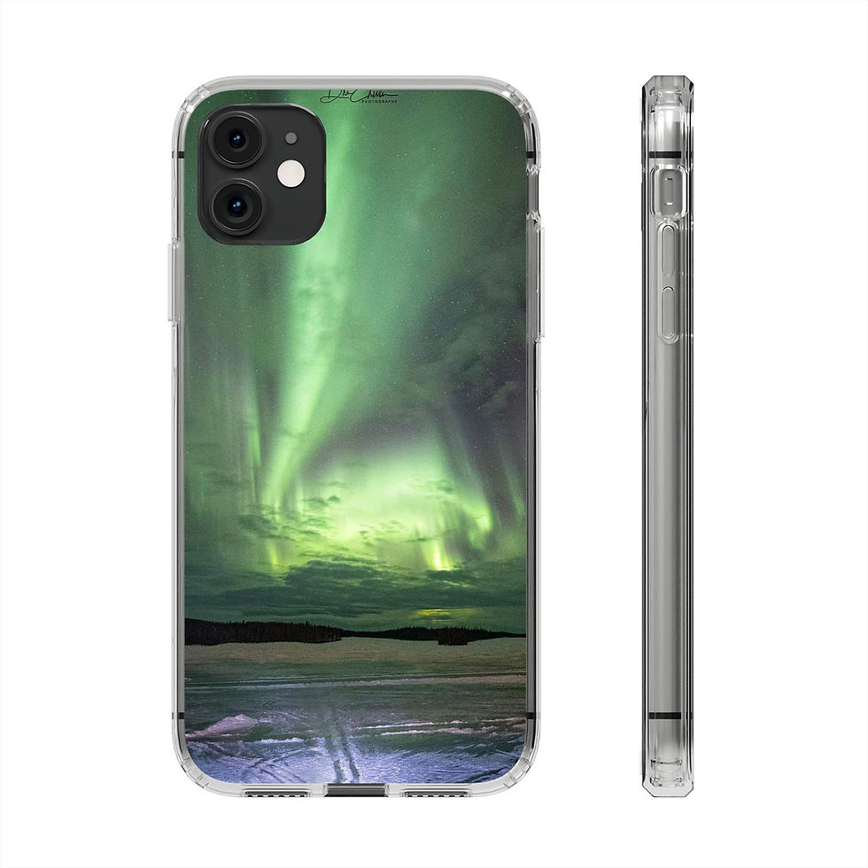 Miniature : Image description: Phone cases showcase a breathtaking winter scene over Pinehouse Lake in Saskatchewan. The image captures the frozen lake's tranquility under the vibrant display of the Northern Lights, creating a spectacular and motivational sight. The dancing hues of the Aurora Borealis against the snowy landscape convey a sense of wonder and inspiration