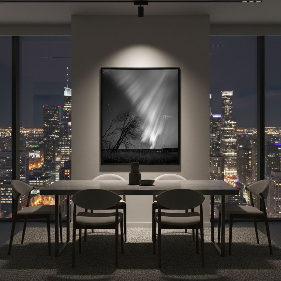 Black and white fine art print of Northern Lights over a Saskatchewan boreal forest landscape, titled Midnight III.