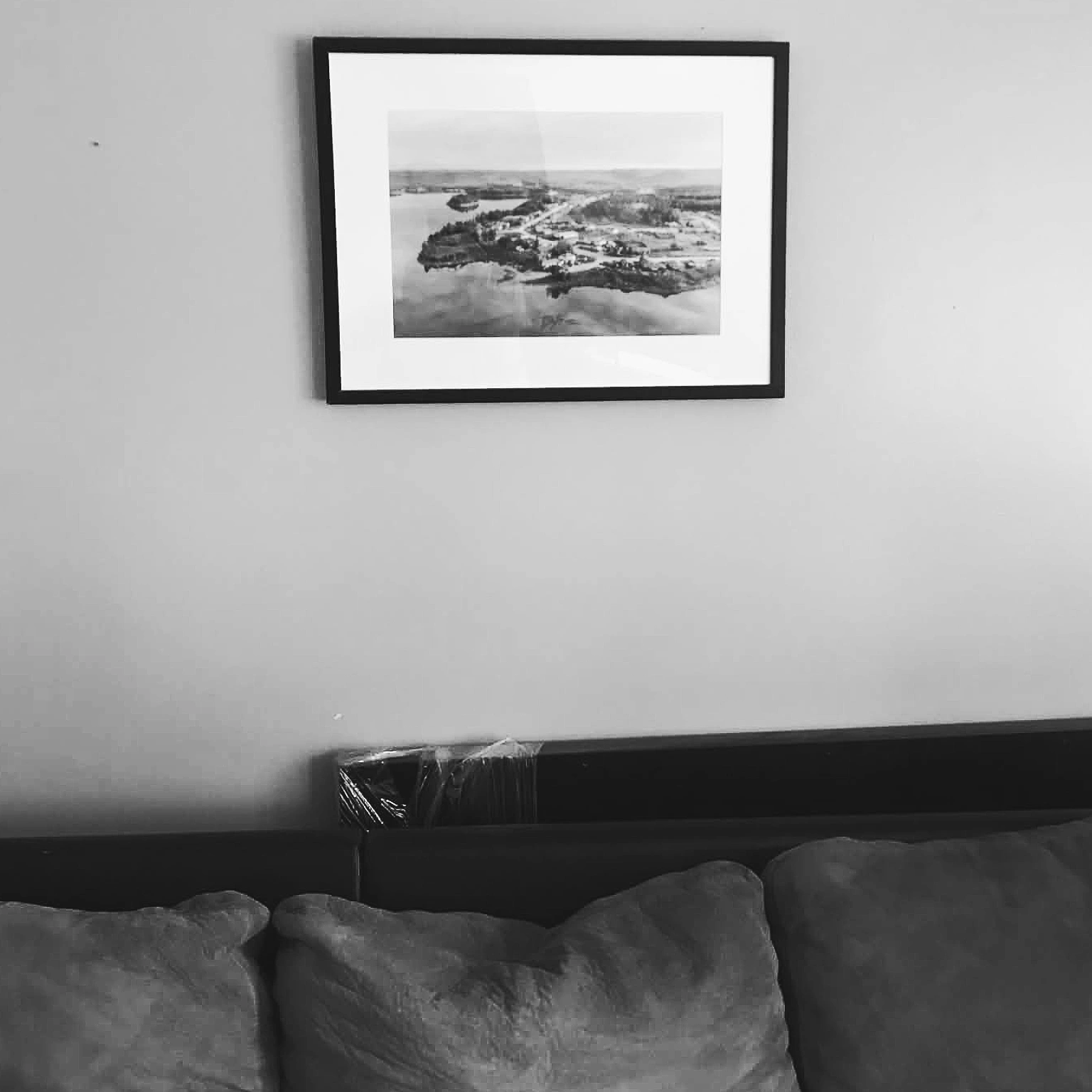 A professional interior photograph by Dre Erwin featuring one of his framed black-and-white landscape prints hanging on a clean white wall above a modern dark couch, illustrating how photography can bring the healing power of nature into everyday spaces.
