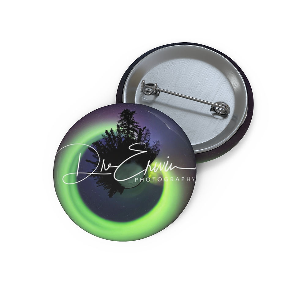 An intriguing image displays a 'small planet' effect capturing the Northern Lights at Gordon Lake, Saskatchewan. The panorama wraps into a circular view, creating an otherworldly perspective of the Aurora Borealis dancing across the sky. Dre Erwin Photography's logo adorns the forefront, adding a unique touch to this captivating and artistic representation of the Northern Lights