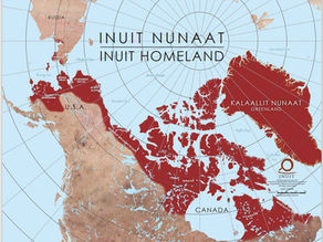A circumpolar map titled 'Inuit Nunaat - Inuit Homeland' showing the Arctic regions inhabited by Inuit. The map highlights areas in red across Chukotka (Russia), Alaska (U.S.A.), Northern Canada, and Greenland (Kalaallit Nunaat). Specific Canadian regions labeled include Nunavut, Nunavik, Nunatsiavut, and the Inuvialuit Settlement Region. The logo of the Inuit Circumpolar Council is visible in the bottom right.