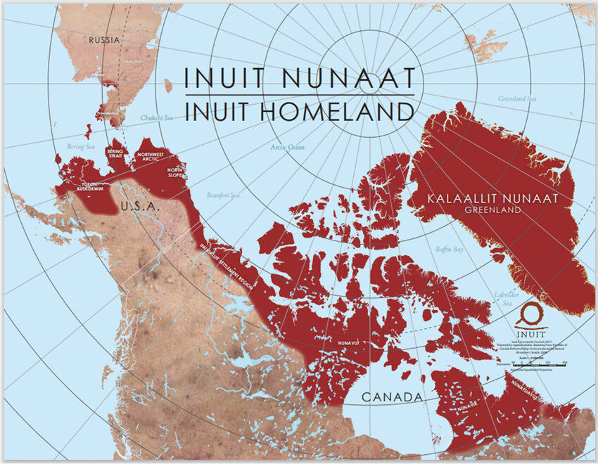 A circumpolar map titled 'Inuit Nunaat - Inuit Homeland' showing the Arctic regions inhabited by Inuit. The map highlights areas in red across Chukotka (Russia), Alaska (U.S.A.), Northern Canada, and Greenland (Kalaallit Nunaat). Specific Canadian regions labeled include Nunavut, Nunavik, Nunatsiavut, and the Inuvialuit Settlement Region. The logo of the Inuit Circumpolar Council is visible in the bottom right.