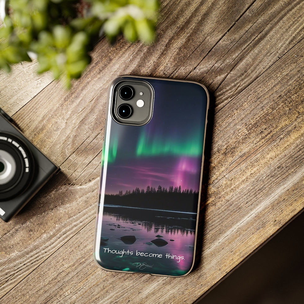 Miniature : Custom cell phone cases featuring 'Thoughts Become Things 2024' and Aurora Borealis imagery in Canada by Dre Erwin