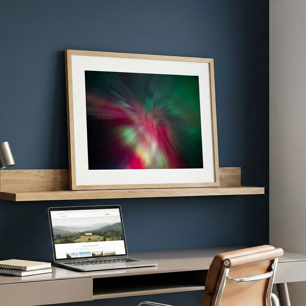 Laptop on a desk under a shelf with an abstract colorful artwork. Blue wall background, wooden frame, and chair creating a calm mood.