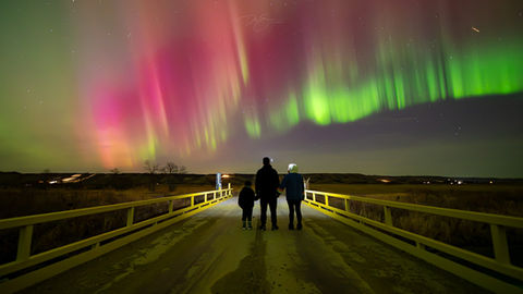 Silhouette of people standing on a bridge looking at a massive curtain of green and pink aurora borealis across the Saskatchewan sky.