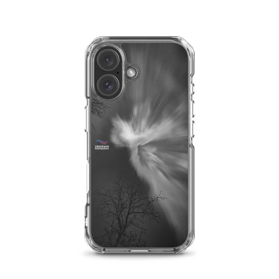 Clear phone case featuring a black and white photograph by Dre Erwin, capturing a powerful Saskatchewan aurora corona swirlin