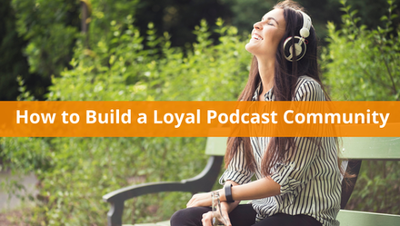 A female podcast listener who is part of a loyal podcast community as a member sits on a bench and laughs while she listens.