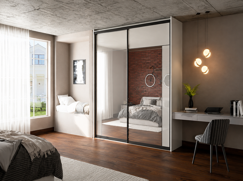 Warm contemporary wardrobe with wood finish C-Slidoo doors in a luxury bedroom setting