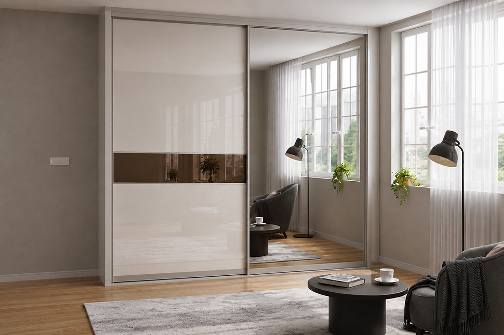 C-Slidoo contemporary wardrobe with modern glass and solid mix door designs in a luxury master bedroom environment.