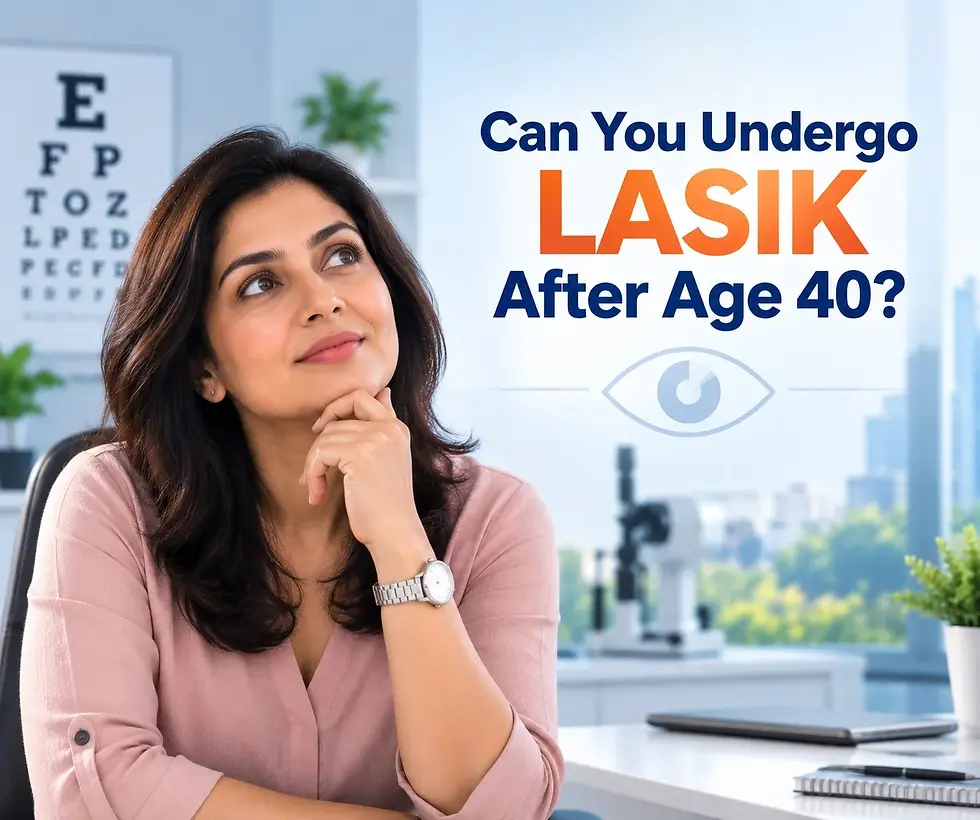 LASIK eye surgery after 40, showing an adult patient undergoing a comprehensive eye examination for laser vision correction and improved distance vision.