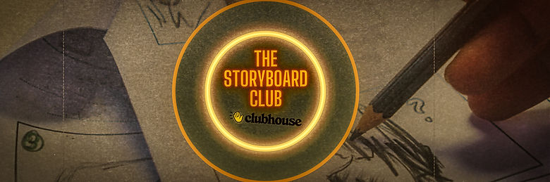 Logo: Gold and Yellow Circles on top of woman drawing pictures. Words The Storyboard Club in middle