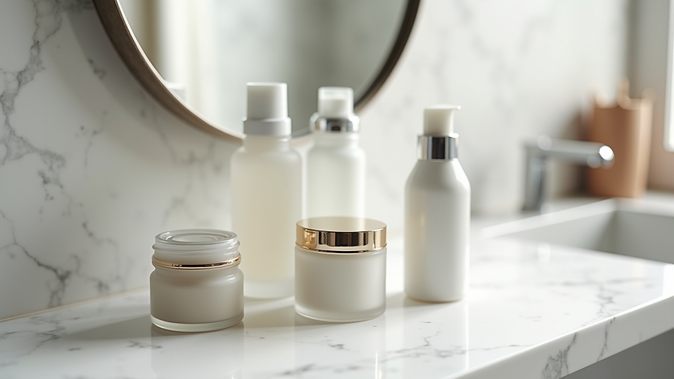 Close-up view of a selection of skincare products on a marble countertop