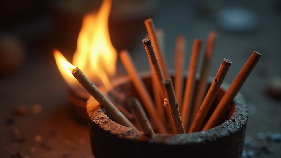 Close-up view of Sambrani dhoop sticks burning in a holder