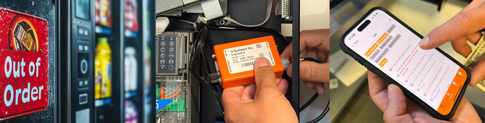 collage of defective vending machine, installation of diagnose pro hardware, and cellphone with diagnose pro software