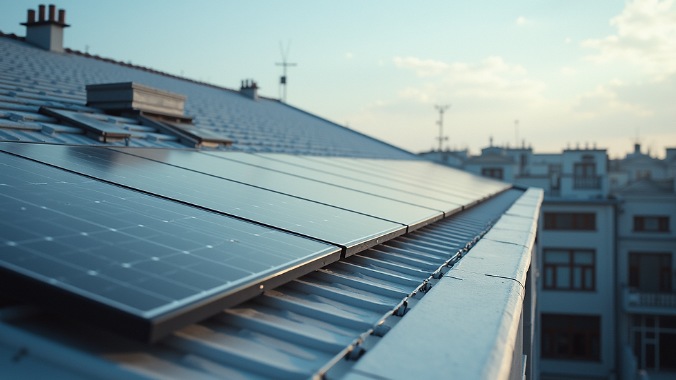 High angle view of a modern roof with solar panels