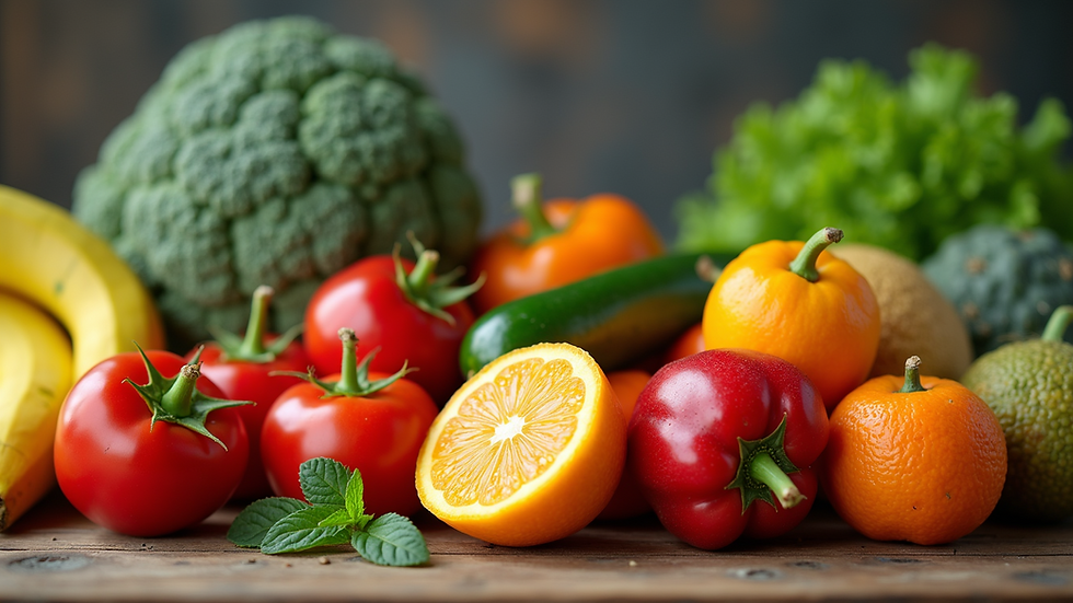 Close-up view of a colorful assortment of fresh fruits and vegetables