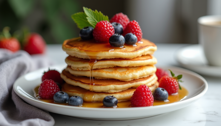 Close-up view of a stack of golden vegan pancakes topped with fresh berries and maple syrup