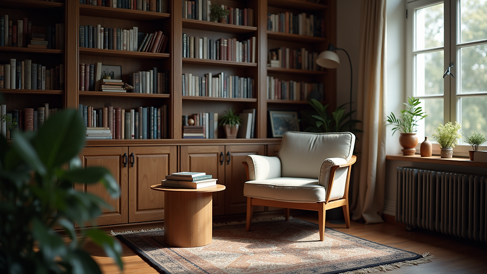 Close-up view of a cozy reading nook with a comfortable chair and books