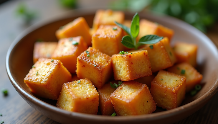 Close-up view of crispy golden air-fried tofu cubes in a bowl
