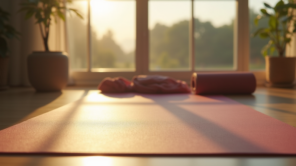 High angle view of a yoga mat set up for a morning practice