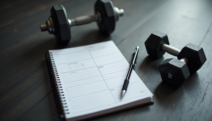 High angle view of a fitness planner and dumbbells on a floor
