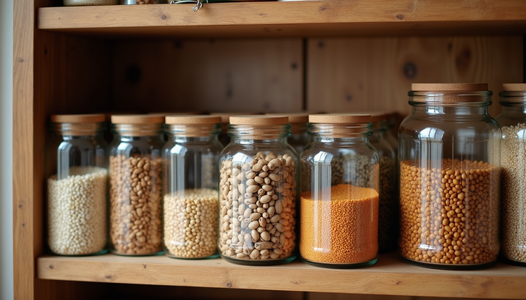 Eye-level view of a wooden shelf filled with jars of dried beans and grains
