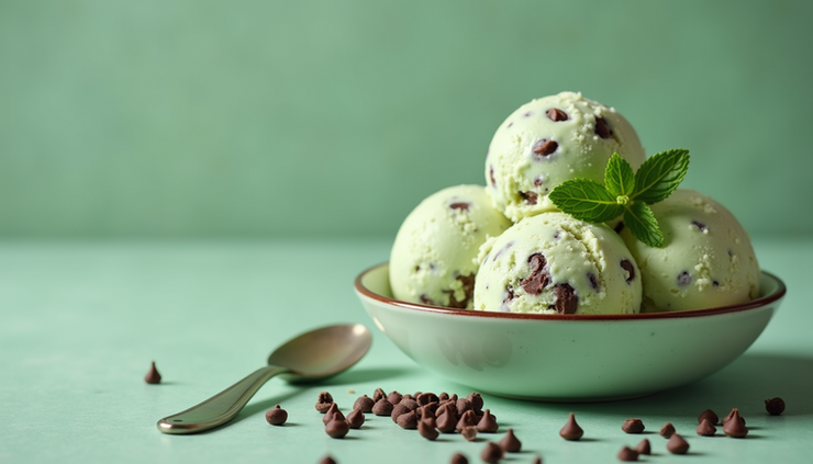 Eye-level view of a bowl of homemade vegan ice cream with chocolate chips and mint leaves