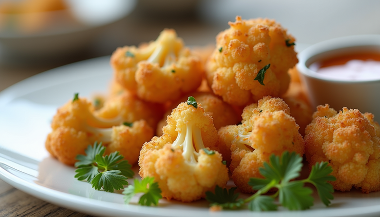 Close-up view of crispy golden cauliflower bites on a white plate
