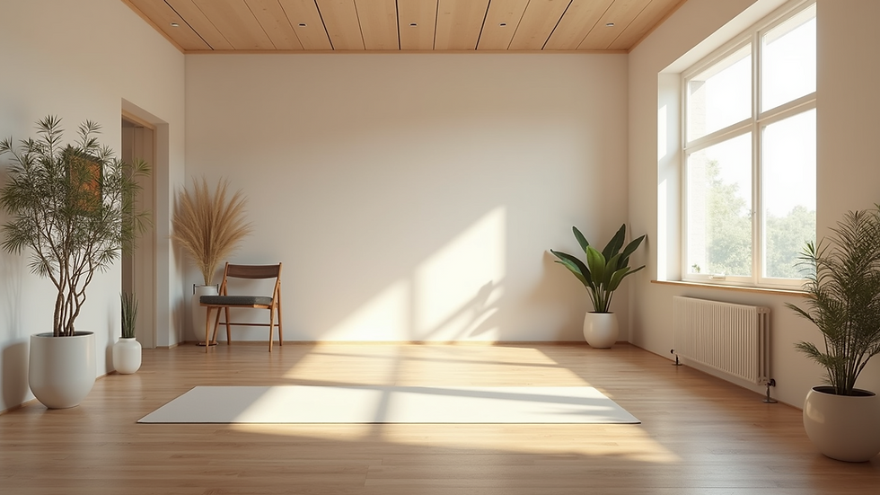 Eye-level view of a serene yoga space with a mat and props