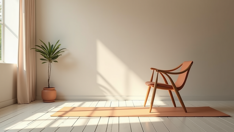 Eye-level view of a cozy yoga space with a chair and mat