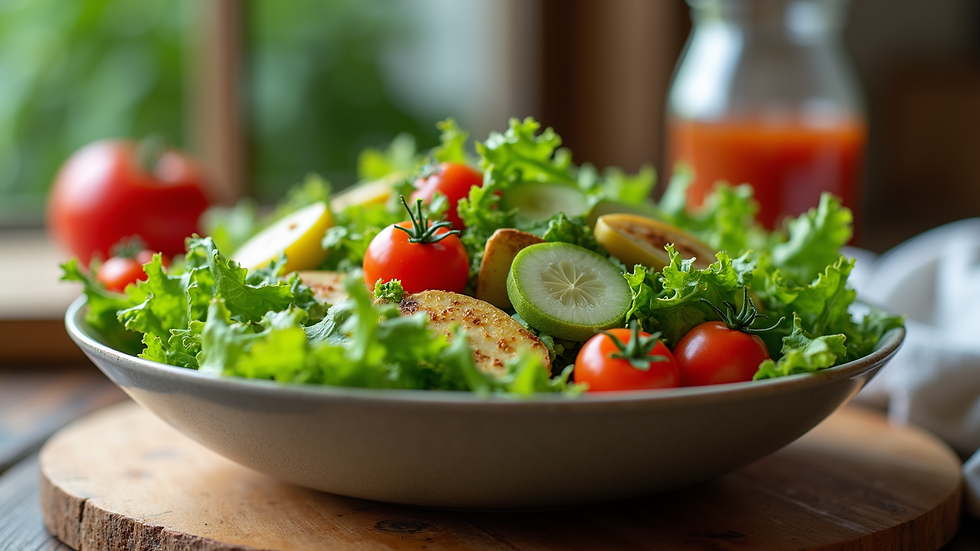 High angle view of a vibrant salad bowl filled with fresh greens and colorful vegetables
