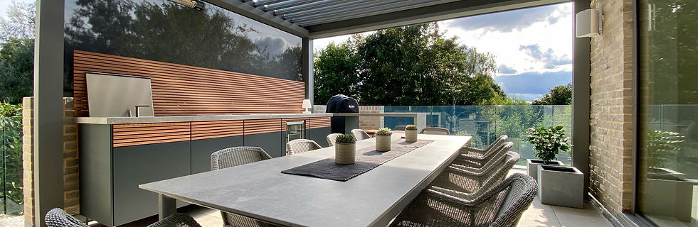 Bespoke IKON Pavillion Pro patio canopy and Cubic outdoor kitchen in Hertfordshire. Contact us here.