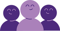 Icon of 3 purple members smiling (two dark purple and one light purple)
