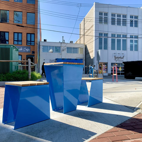 Blue geometric street benches, Urban Street Furniture Installation.