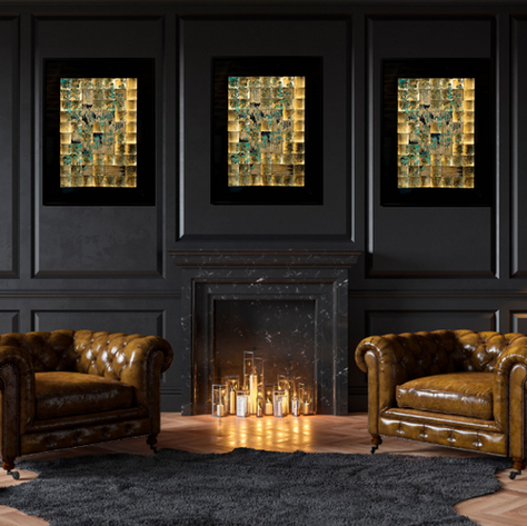 Tableau accroché dans un intérieur aux couleurs contemporaines et mobilier chic.