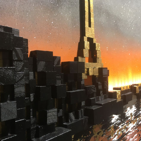 Zoom sur les cubes peints en noir et sur les fenêtres dorées des batiments. En arrière plan on y voit la Tour Eiffel.