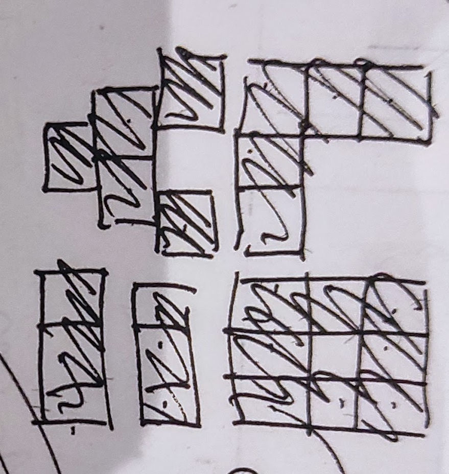 Croquis à l'encre noire des placements des carrés.